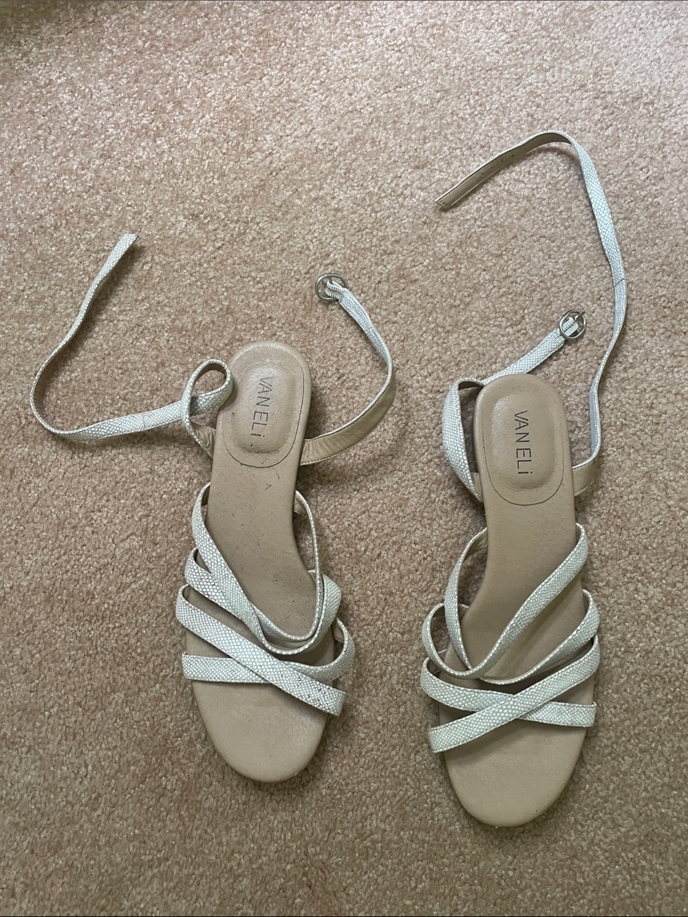 Vaneli Champagne Metallic Strappy Ankle-Tie Sandals